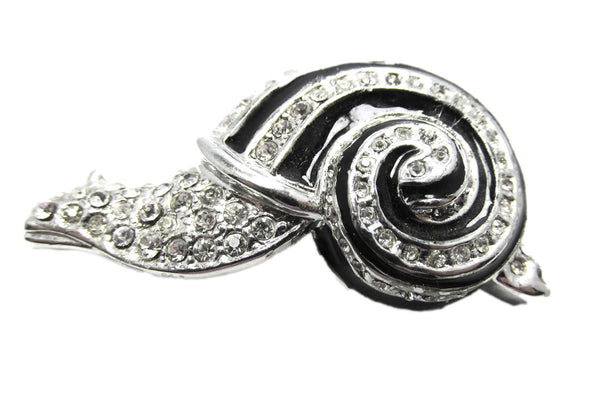 Vintage 1950s Clear Rhinestone and Black Enamel Figural Snail Pin - Front