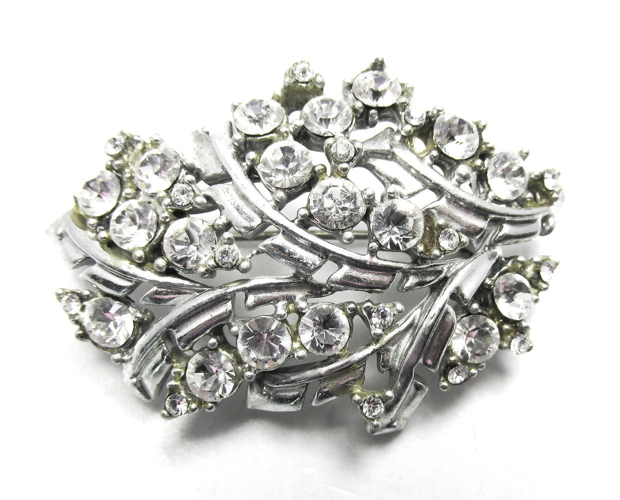Vintage 1950s Mid-Century Sparkling Clear Rhinestone Silver-Toned Pin - Front