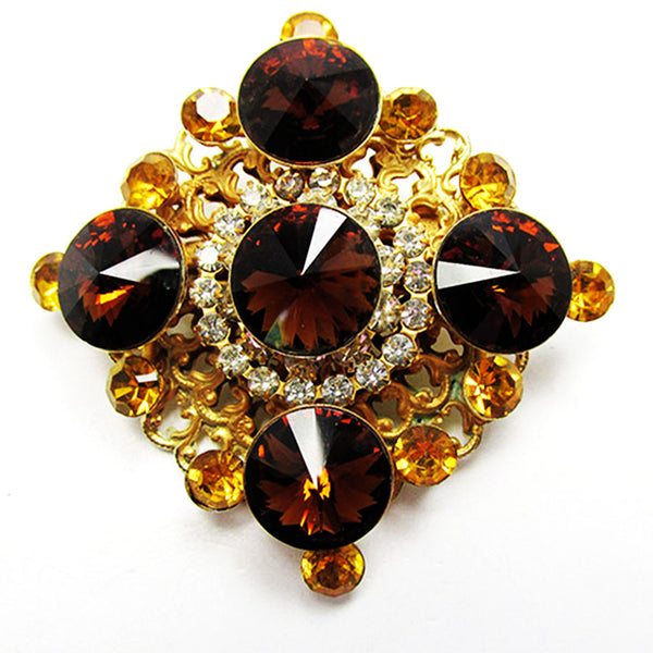 Vintage 1950s Bold Topaz and Citrine Rhinestone Geometric Gold Pin - Front