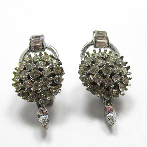 Vintage 1950s Mid-Century Sparkling Clear Diamante Earrings - Front