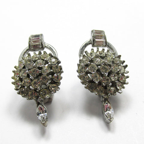 Vintage 1950s Mid-Century Sparkling Clear Diamante Earrings - Front