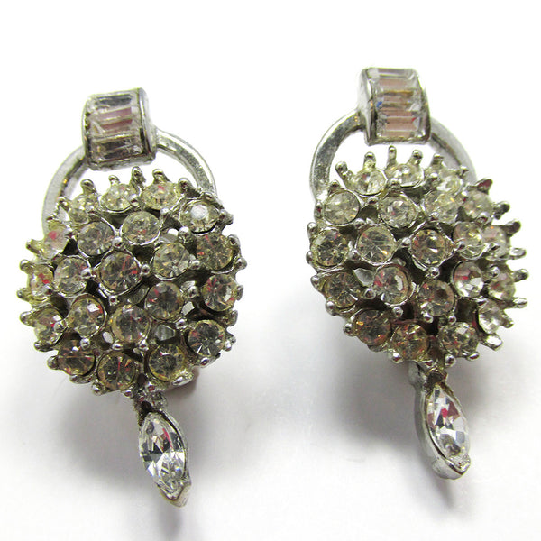 Vintage 1950s Mid-Century Sparkling Clear Diamante Earrings - Front