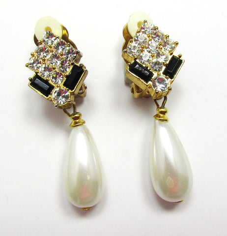 Glamorous Vintage 1970s Contemporary Pearl and Diamante Earrings - Front