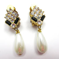 Glamorous Vintage 1970s Contemporary Pearl and Diamante Earrings - Front - Thumbnail
