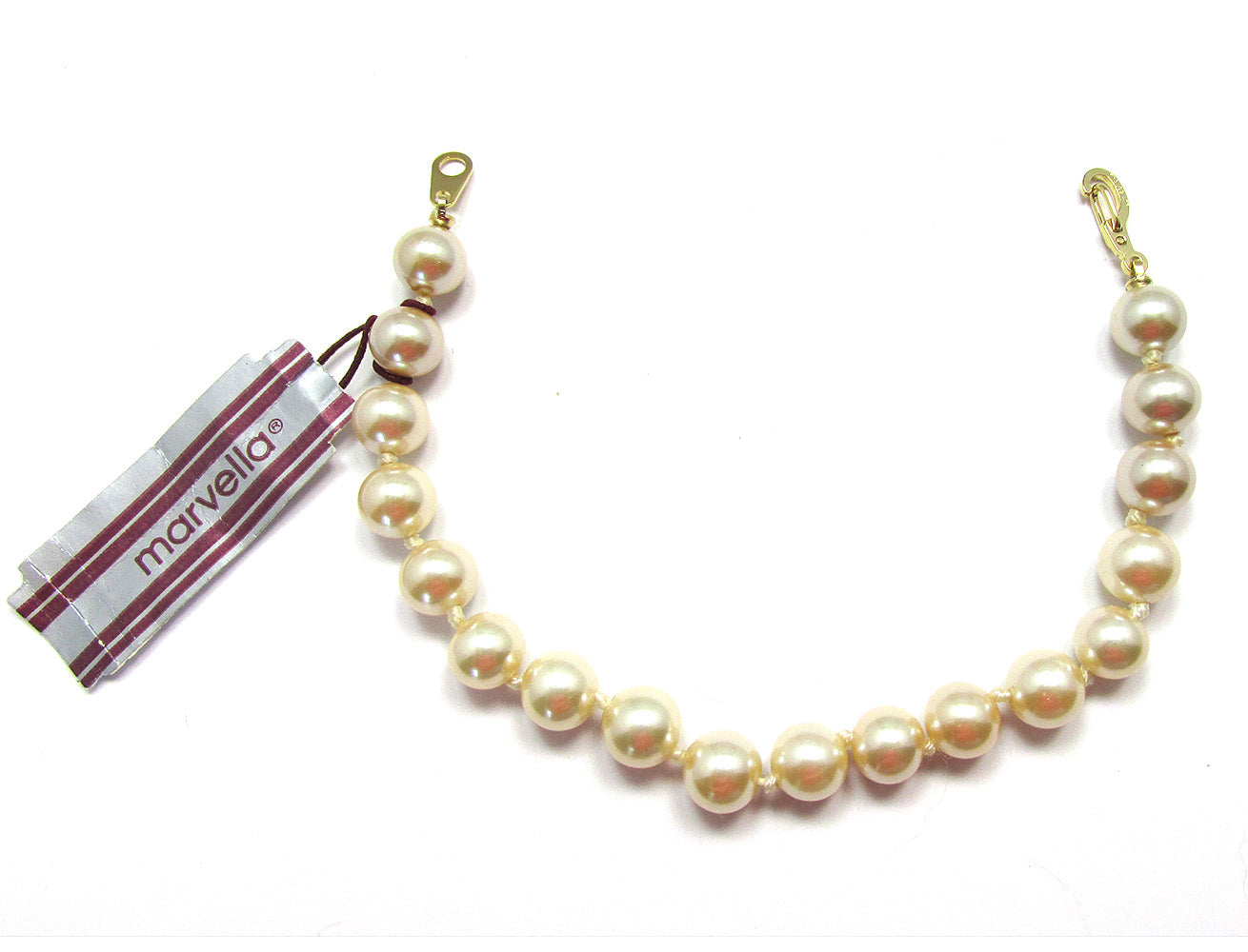 Signed 1980s Vintage Marvella Classic Hand Knotted Pearl Bracelet - Front