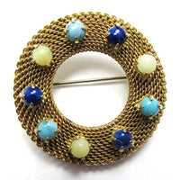 Vintage 1950s White, Turquoise, and Blue Stone Gold Mesh Pin - Front - Thumbnail