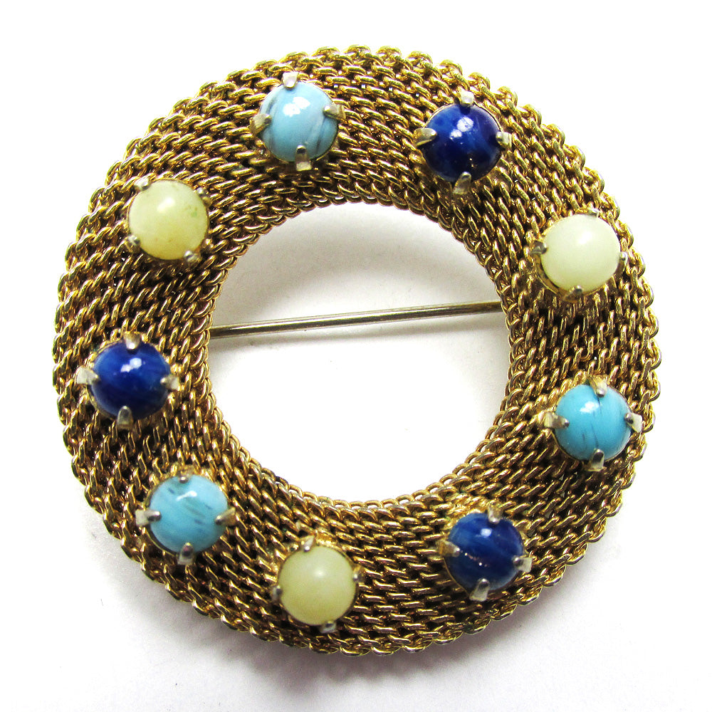 Vintage 1950s White, Turquoise, and Blue Stone Gold Mesh Pin - Front