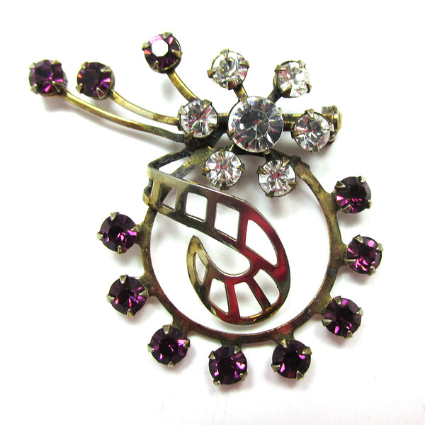 Unique Vintage 1950s Mid-Century Sparkling Diamante Floral Pin - Front