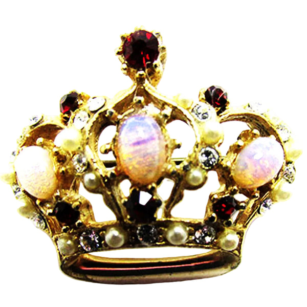 Vintage 1950s Multicolor and Opal Rhinestone and Pearl Crown Pin