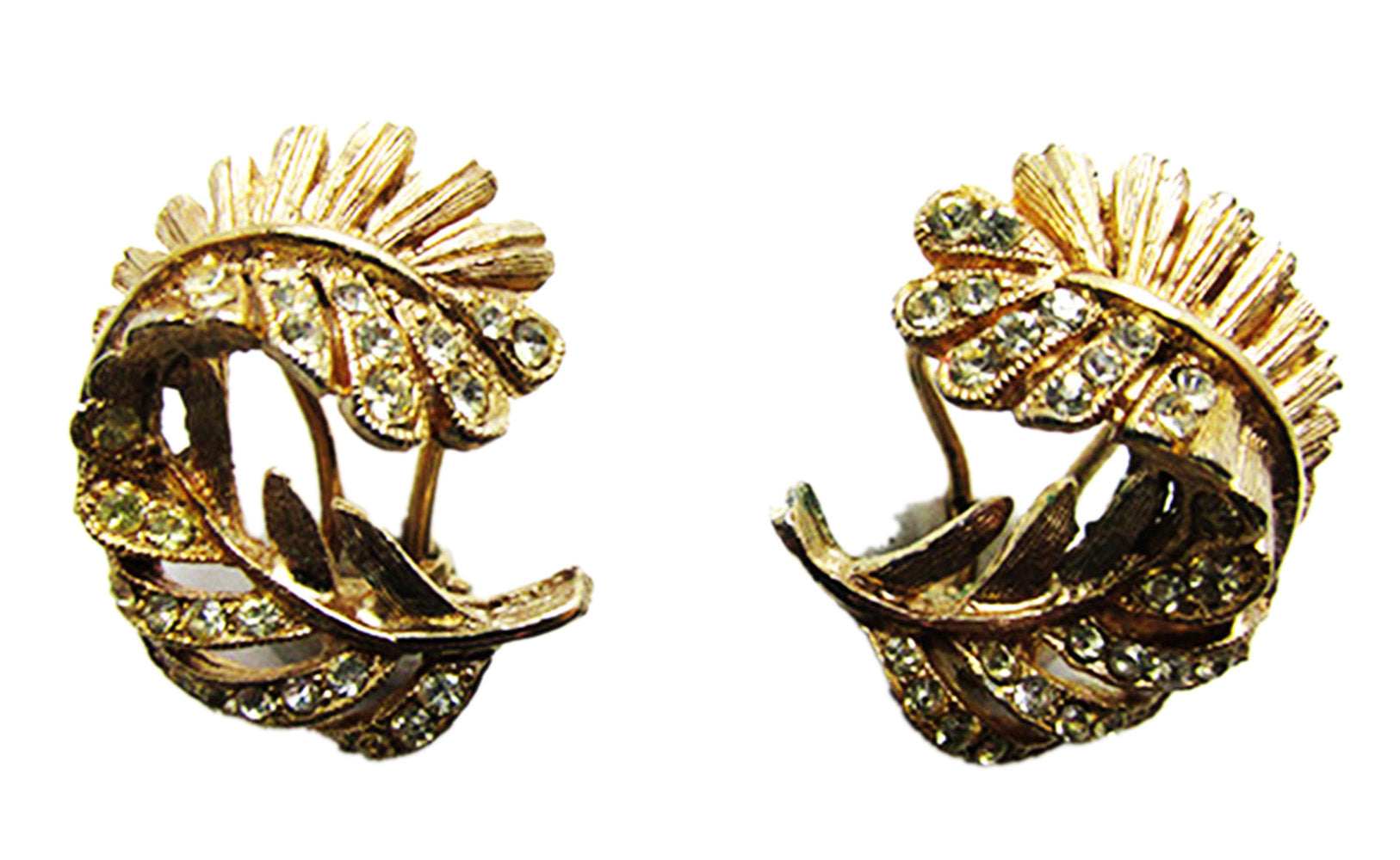 Vintage 1960s Clear Rhinestone Gold-Toned Fern Leaf Earrings - Front