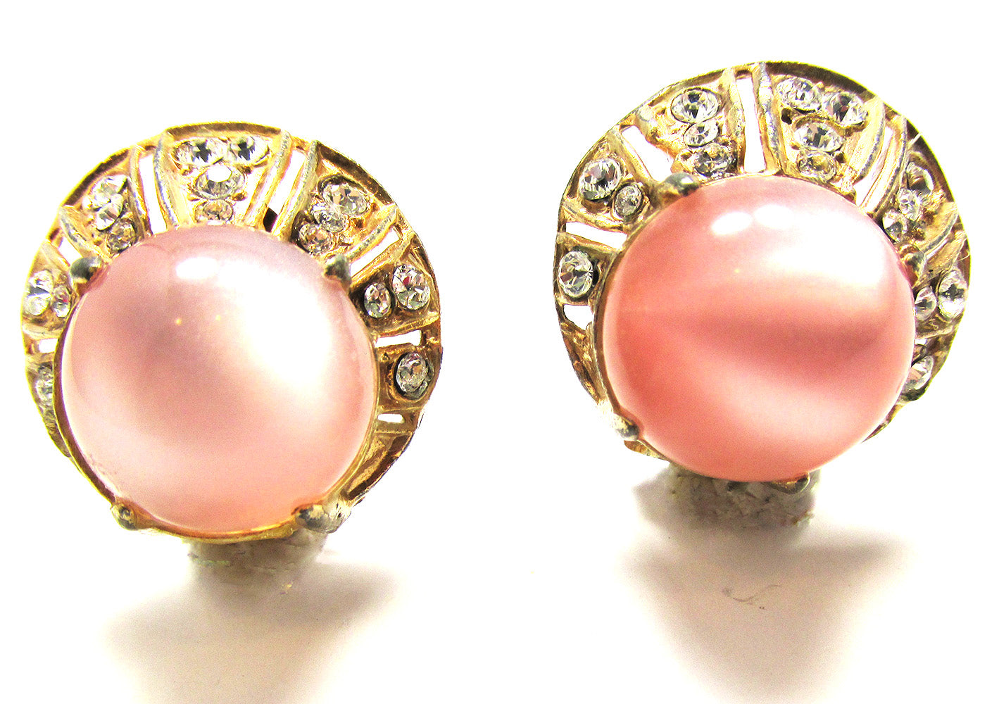 1940s Mid-Century Vintage Pink Cabochon Diamante Button Style Earrings