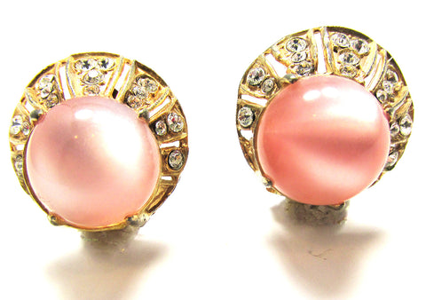 1940s Mid-Century Vintage Pink Cabochon Diamante Button Style Earrings - Front