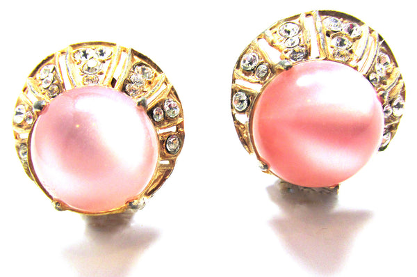 1940s Mid-Century Vintage Pink Cabochon Diamante Button Style Earrings - Front