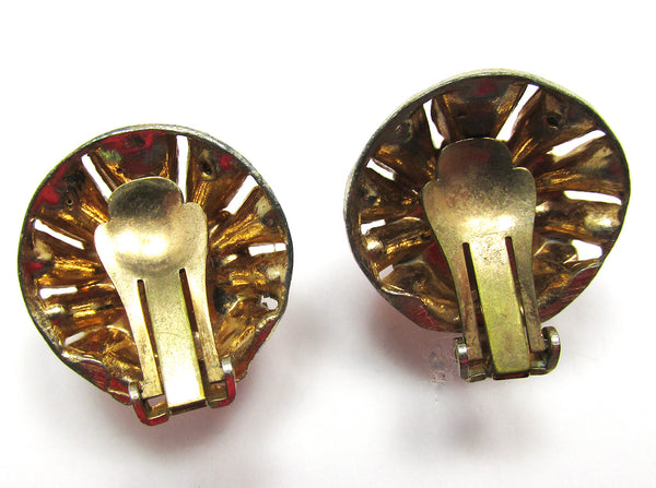 1940s Mid-Century Vintage Pink Cabochon Diamante Button Style Earrings - Back