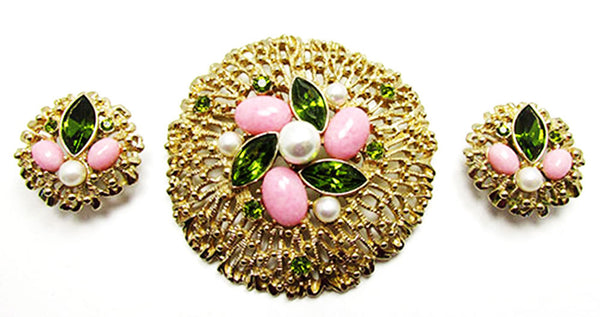 Sarah Coventry 1960s Vintage Book Piece Rhinestone Pin and Earrings - Front