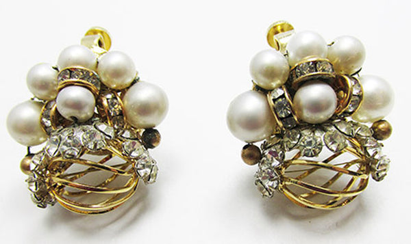 Vendome 1960s Avant-Garde Clear Rhinestone and Pearl Earrings - Front