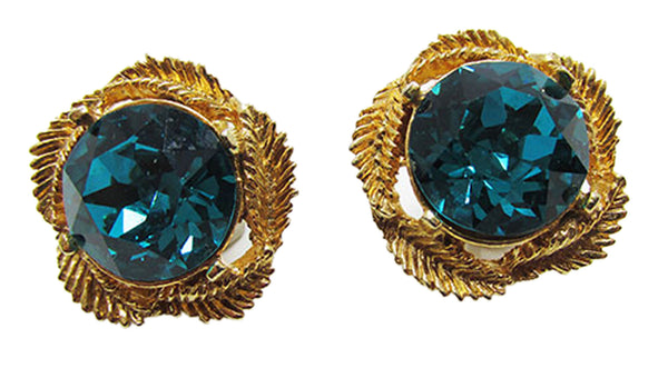 Bold Vintage 1960s Teal Rhinestone and Gold-Toned Leaf Earrings - Front