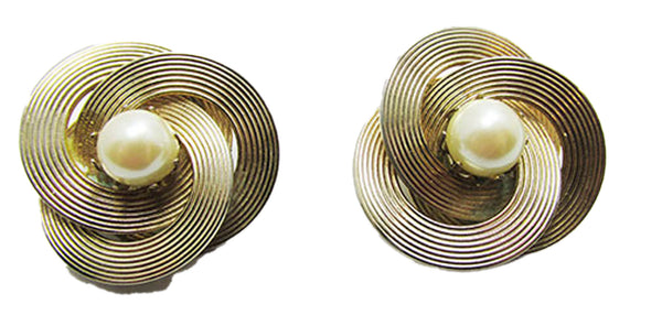 Vintage 1960s Ivory-Colored Pearl Swirl Gold-Toned Clip-On Earrings - Front