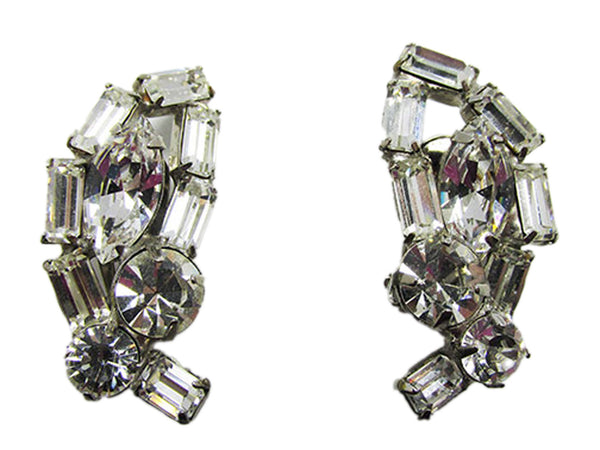 Vintage 1950s Sparkling Clear Rhinestone Silver Clip-On Earrings - Front