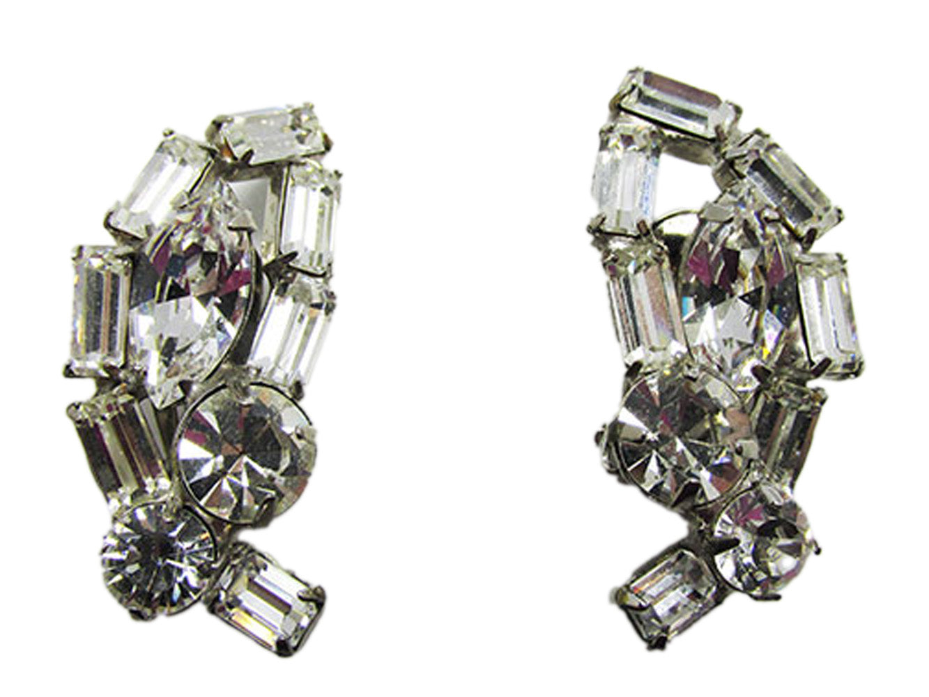 Vintage 1950s Sparkling Clear Rhinestone Silver Clip-On Earrings - Front