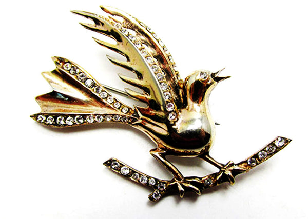 Amazing Vintage 1940s Clear Rhinestone Vermeil Figural Bird Pin - Front