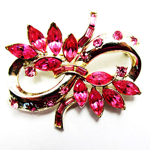 Gorgeous Vintage 1950s Pink Rhinestone Floral Ribbon Pin - Front