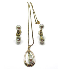 Signed Van Dell 1940s Gold Filled Pearl Necklace and Earrings Set - Front - Thumbnail