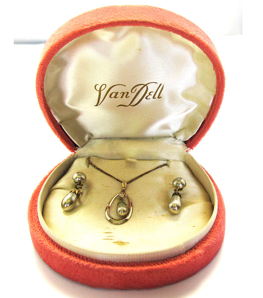 Signed Van Dell 1940s Gold Filled Pearl Necklace and Earrings Set - Original Box