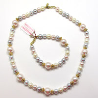 Signed Marvella 1980s Pastel Pearl Necklace and Bracelet Set - Front of Set - Thumbnail