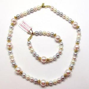 Signed Marvella 1980s Pastel Pearl Necklace and Bracelet Set - Front of Set