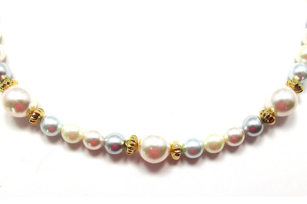 Signed Marvella 1980s Pastel Pearl Necklace and Bracelet Set - Close Up