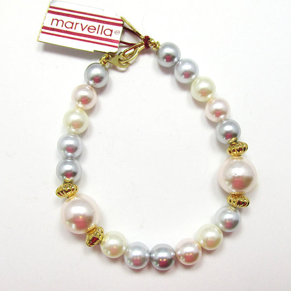 Signed Marvella 1980s Pastel Pearl Necklace and Bracelet Set - Bracelet