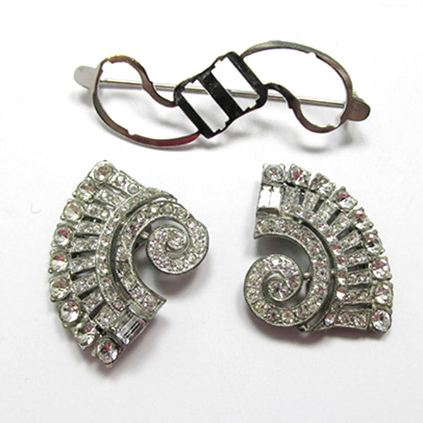 Signed Coro (Book Piece) 1930s Clear Diamante Duette/Pin/Dress Clips - Dress Clips and Frame