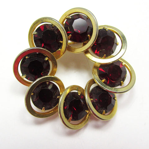 Unusual 1950s Vintage Mid-Century Ruby Red Diamante Circle Pin - Front