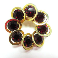 Unusual 1950s Vintage Mid-Century Ruby Red Diamante Circle Pin - Front - Thumbnail