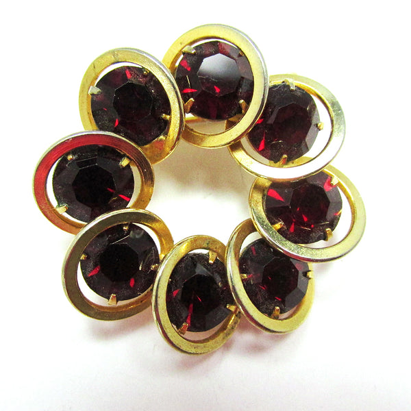 Unusual 1950s Vintage Mid-Century Ruby Red Diamante Circle Pin - Front