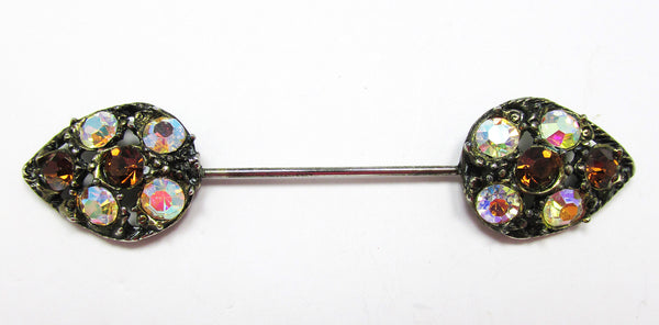 Mid-Century 1950s Collectible Topaz and AB Rhinestone Jabot Pin - Front