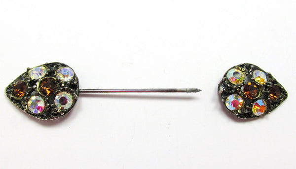 Mid-Century 1950s Collectible Topaz and AB Rhinestone Jabot Pin - Front Separated