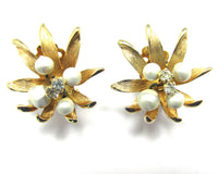 Vintage 1960s Three-Dimensional Pearl and Diamante Floral Earrings - Front - Thumbnail