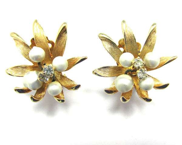Vintage 1960s Three-Dimensional Pearl and Diamante Floral Earrings - Front