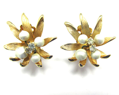 Vintage 1960s Three-Dimensional Pearl and Diamante Floral Earrings - Front