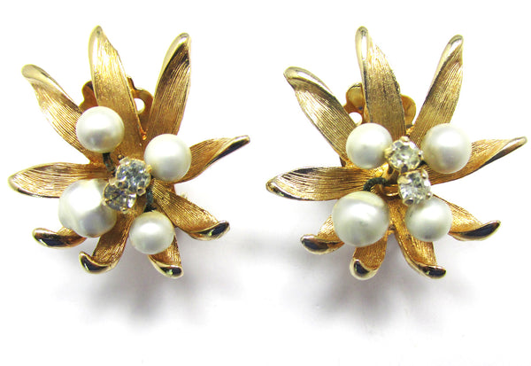 Vintage 1960s Three-Dimensional Pearl and Diamante Floral Earrings - Front