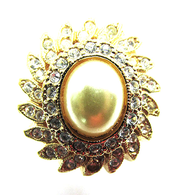 Vintage 1970s Contemporary Style Pearl and Rhinestone Gold-Filled Ring - Front