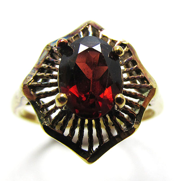 Vintage 1970s Contemporary Style Garnet and Sterling Vermeil Ring - Front