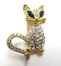 Vintage 1970s Sarah Coventry Sapphire and Clear Rhinestone Cat Pin - Front - Thumbnail