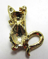 Vintage 1970s Sarah Coventry Sapphire and Clear Rhinestone Cat Pin - Back - Thumbnail
