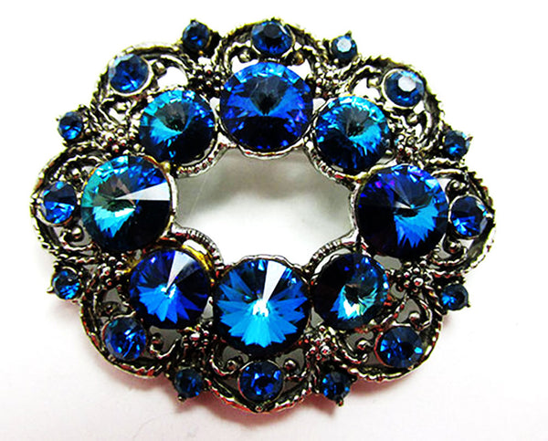 Signed Hollycraft 1950s Vintage Teal Rhinestone and Silver Pin - Front