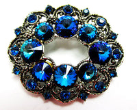 Signed Hollycraft 1950s Vintage Teal Rhinestone and Silver Pin - Front - Thumbnail