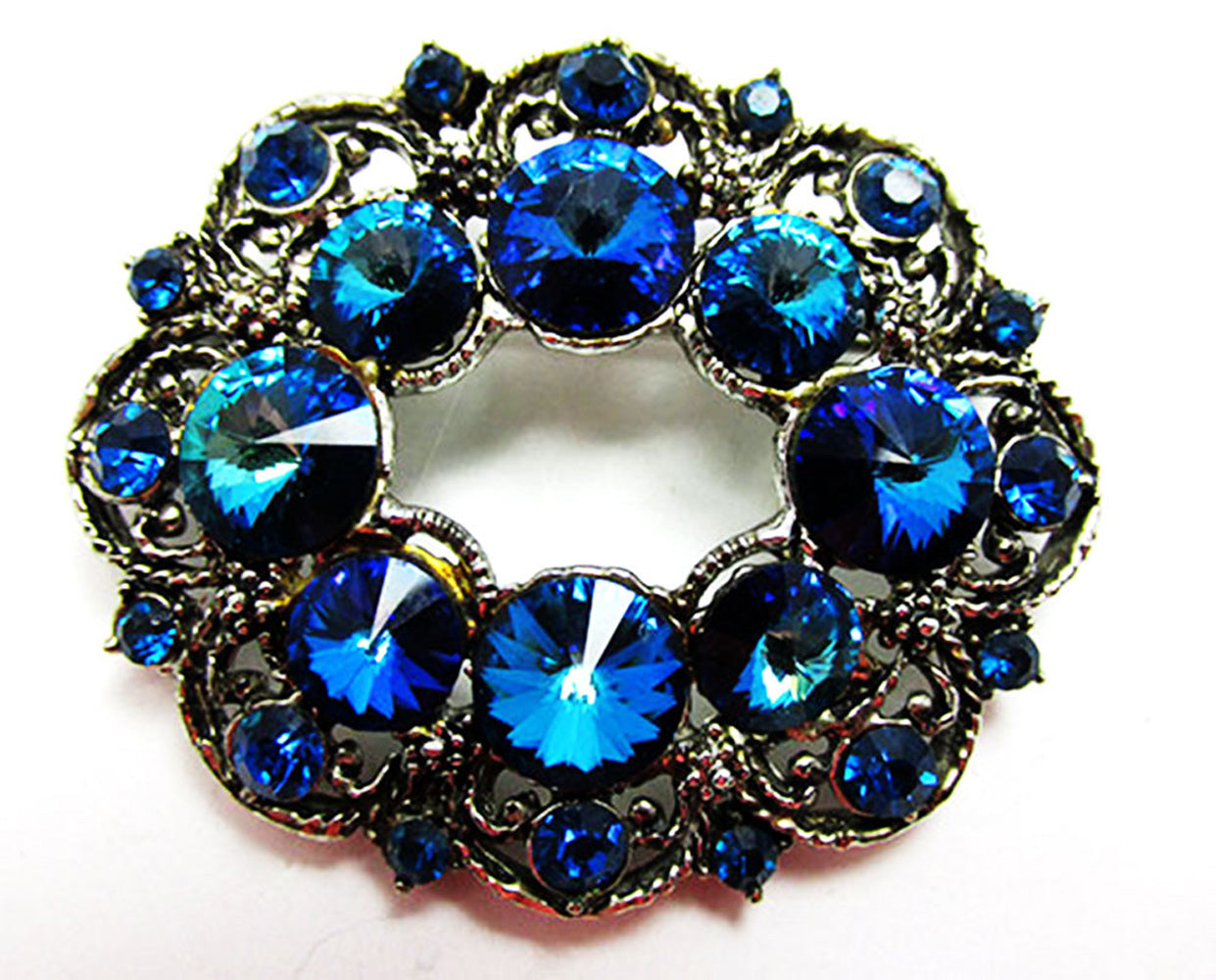 Signed Hollycraft 1950s Vintage Teal Rhinestone and Silver Pin - Front