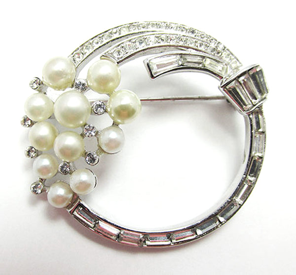 Vintage 1950s Crown Trifari Clear Rhinestone and Pearl Floral Pin - Front